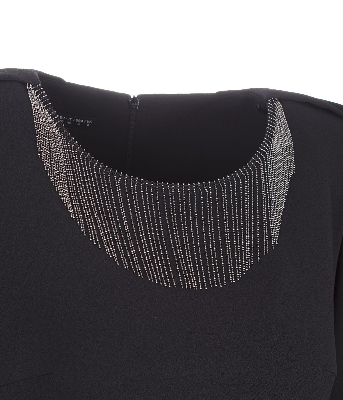 Straigh dress with metallic fringe – necklace type on the neckline area 2